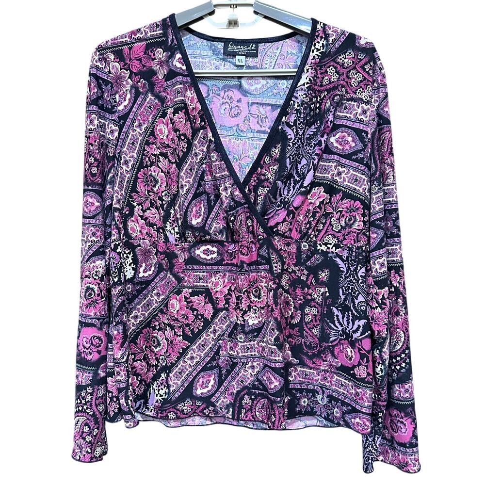 BIYAYCDA Top XL Pink Black V Neck Floral Long Sleeve Y2K Bohemian Festival Boho